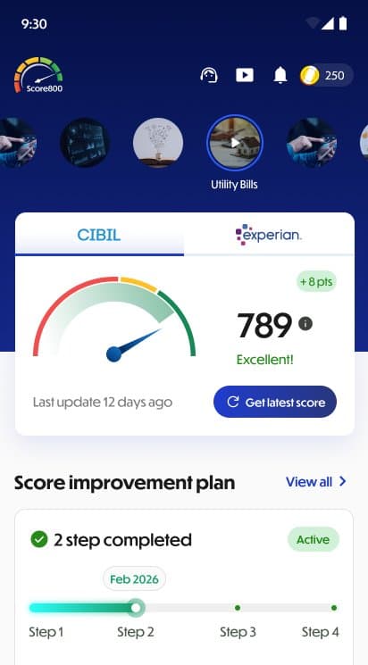 Score800 app showing a credit score of 789 and a score improvement plan